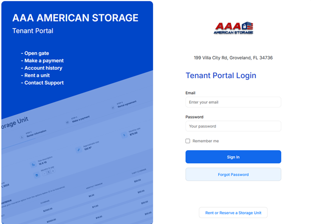 picture of log in page for storage facility account