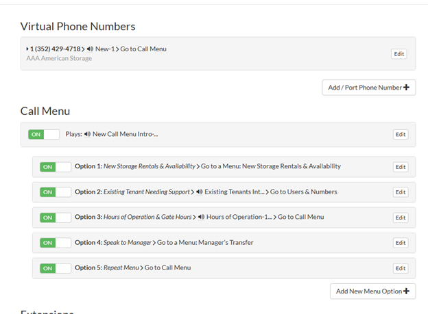 Picture of phone menu for storage facility
