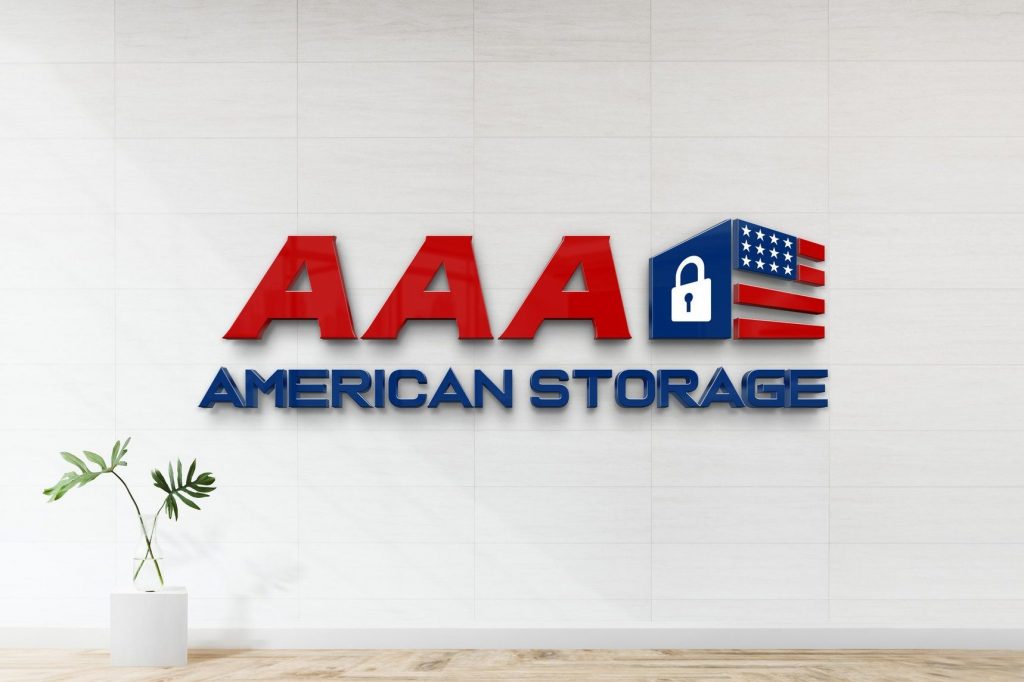 The AAA American Storage office lobby with the company logo mounted on the wall