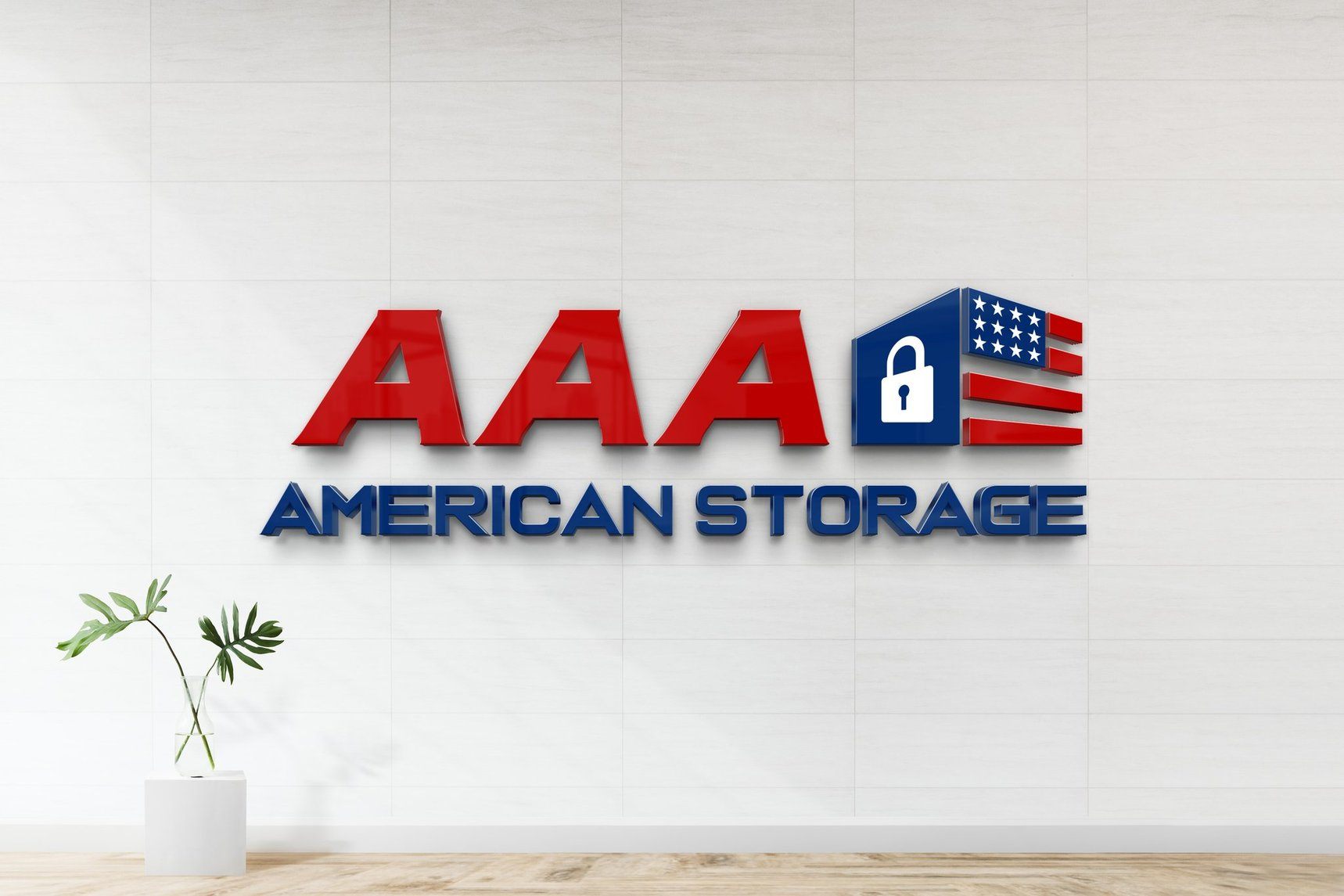 The AAA American Storage office lobby with the company logo mounted on the wall