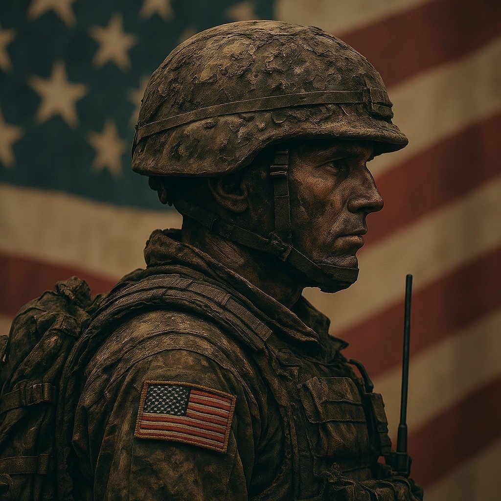 A United States soldier in field uniform standing before the American flag