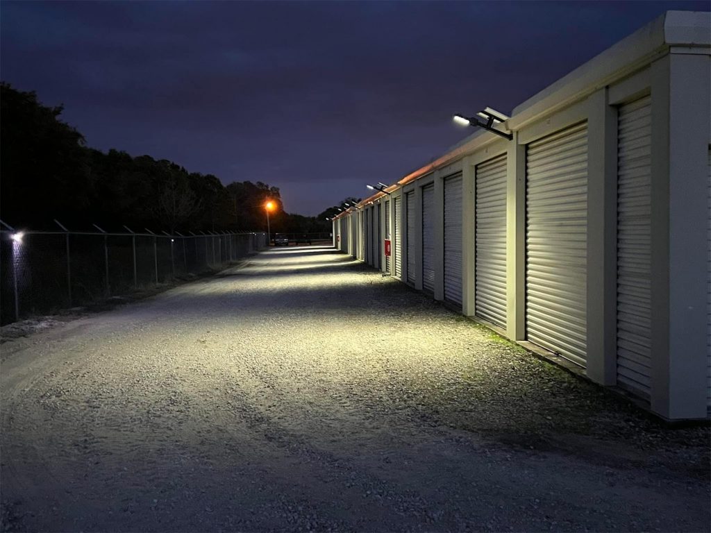 Drive-up storage units at AAA American Storage in the evening