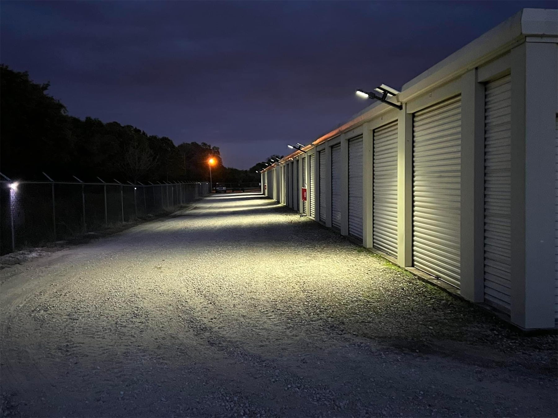 Drive-up storage units at AAA American Storage in the evening